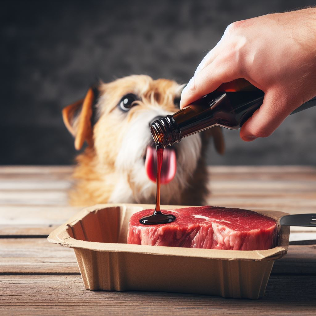 Dog looking to eat steak from packaging