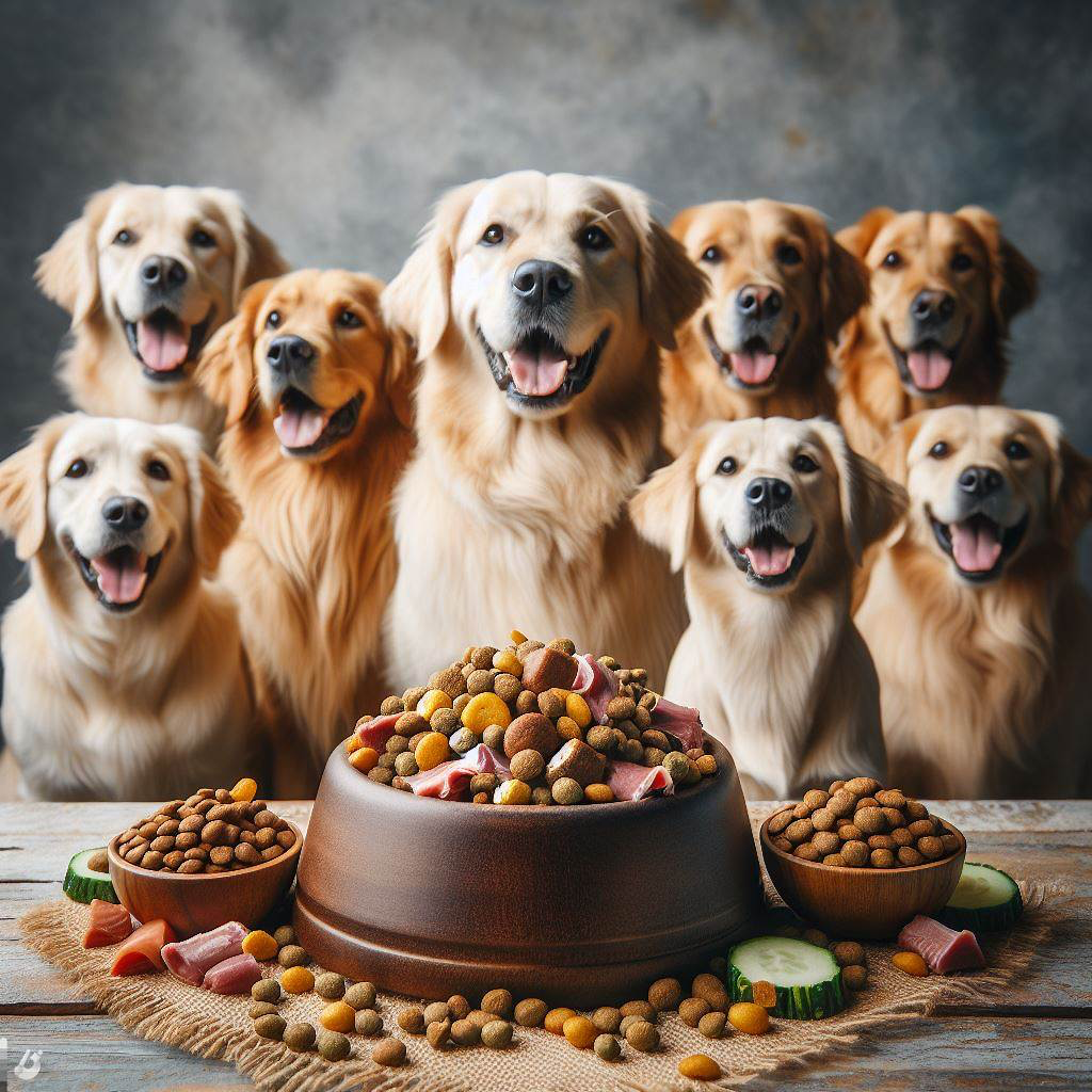 Dogs sitting around food bowl