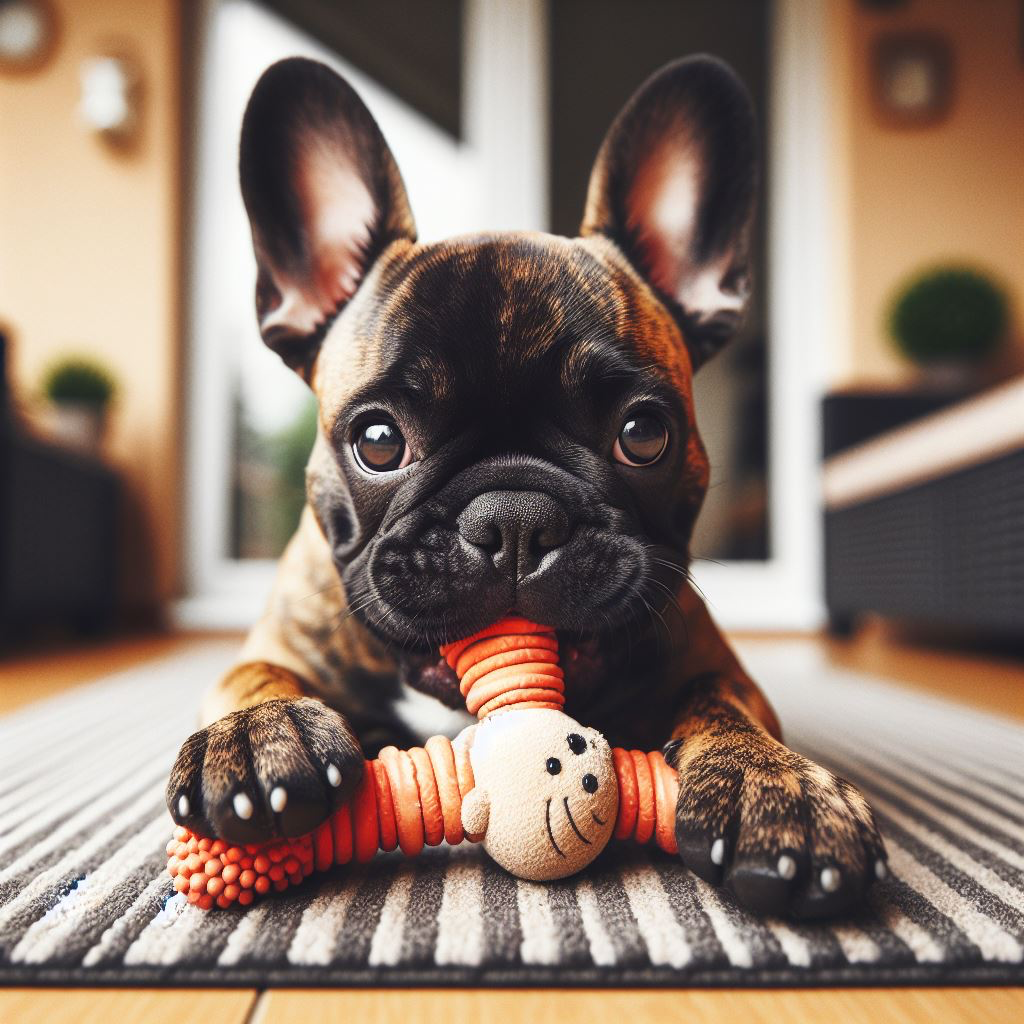 French bulldog playing with chew toy