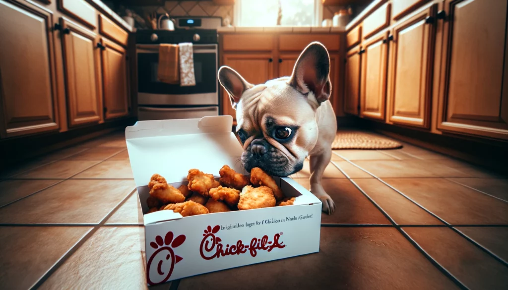 A french bulldog sniffs a box of chick fil a chicken nuggets
