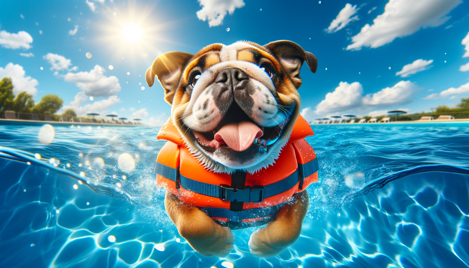 A wide image of a cheerful bulldog wearing a bright orange life vest, swimming in a clear blue pool under a sunny sky. The bulldog looks extremely happy and secure with its life vest on, its tongue out and ears flapping as it confidently paddles through the water. The sunlight reflects off the water, creating a sparkling effect around the dog. The background features a few fluffy white clouds in a bright blue sky, enhancing the joyful and safe swimming experience.